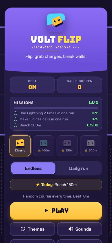 Volt Flip menu with missions, runners and the Play button